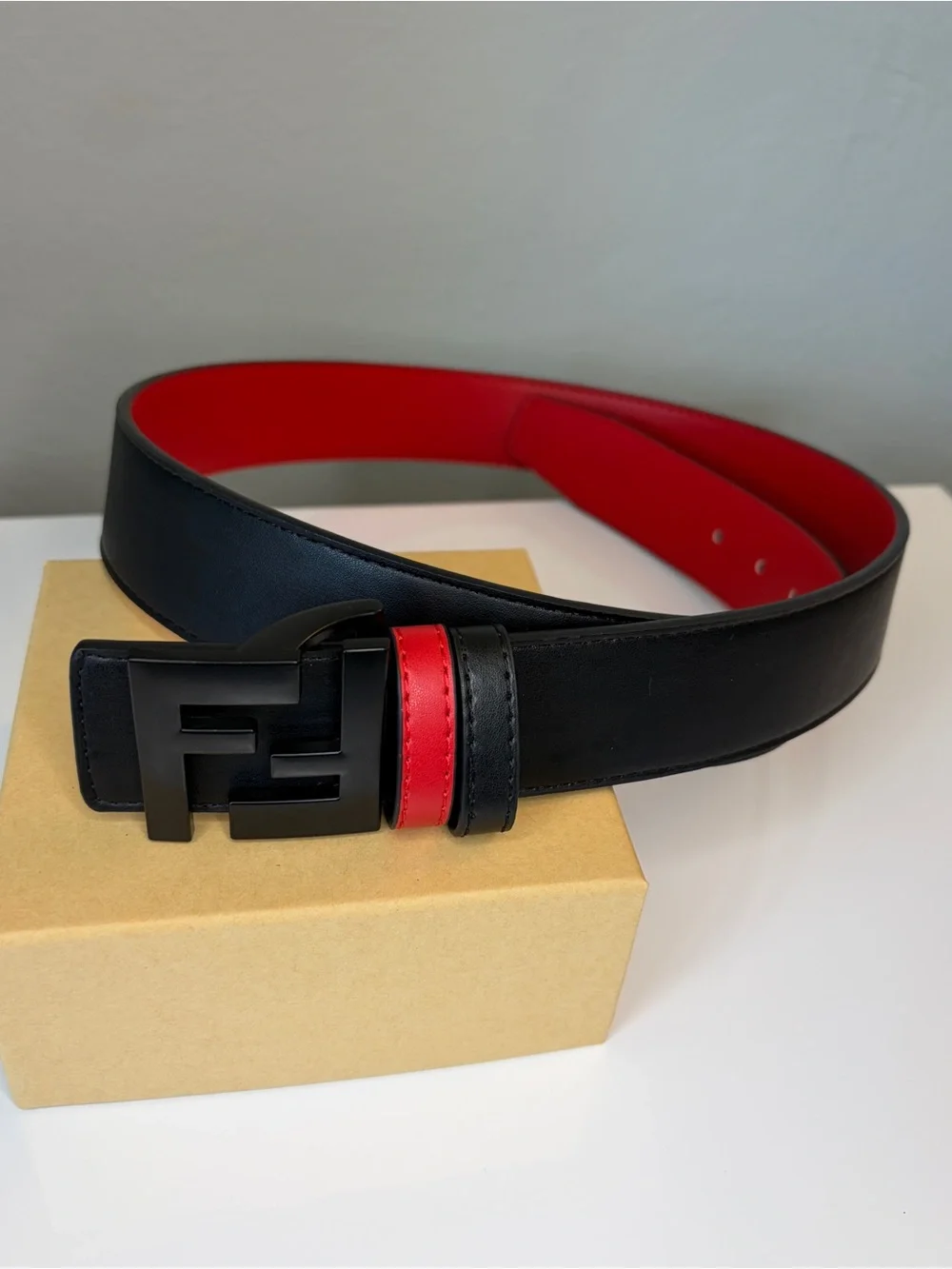 Mens Black and Red FF Genuine Leather Belt Fits Waist 35-37